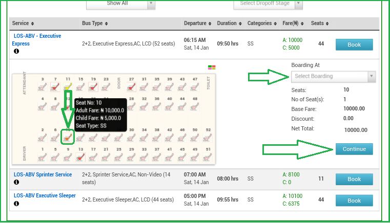 ABC Motors Online Booking - seat selection page