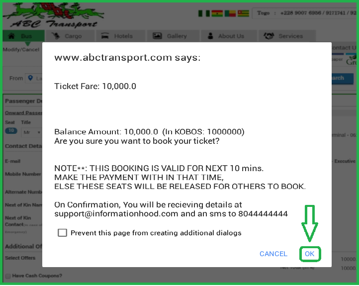 ABC Motors Online Booking - confirmation page